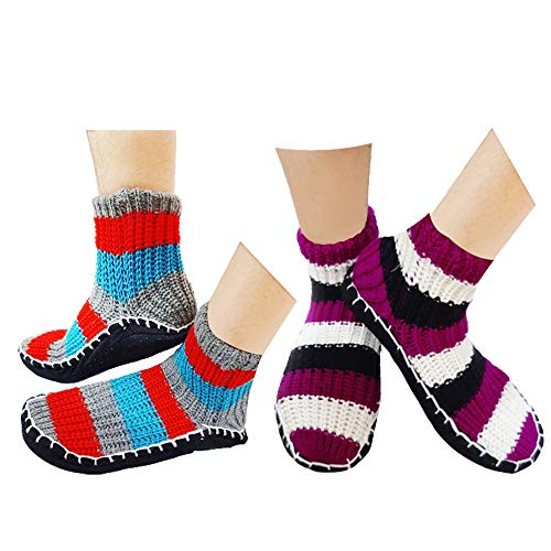 Krystle Warm Winter Ankle Length Slipper Socks for Men's & Women's Knitted Booties - Indoor Use With Soft Rubber Sole - 2 Pair (Multicolour, Free Size) - Image 1