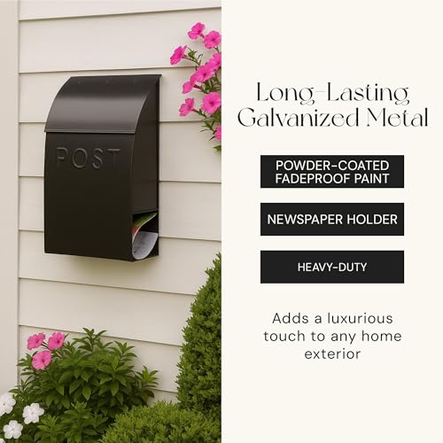 NACH Mailboxes for Outside Wall Mount, 15 x 10 x 4 inches, Black Wall Mounted Mailbox and Newspaper Holder, Waterproof Mailbox for Door - The Milano Mailbox - Image 5