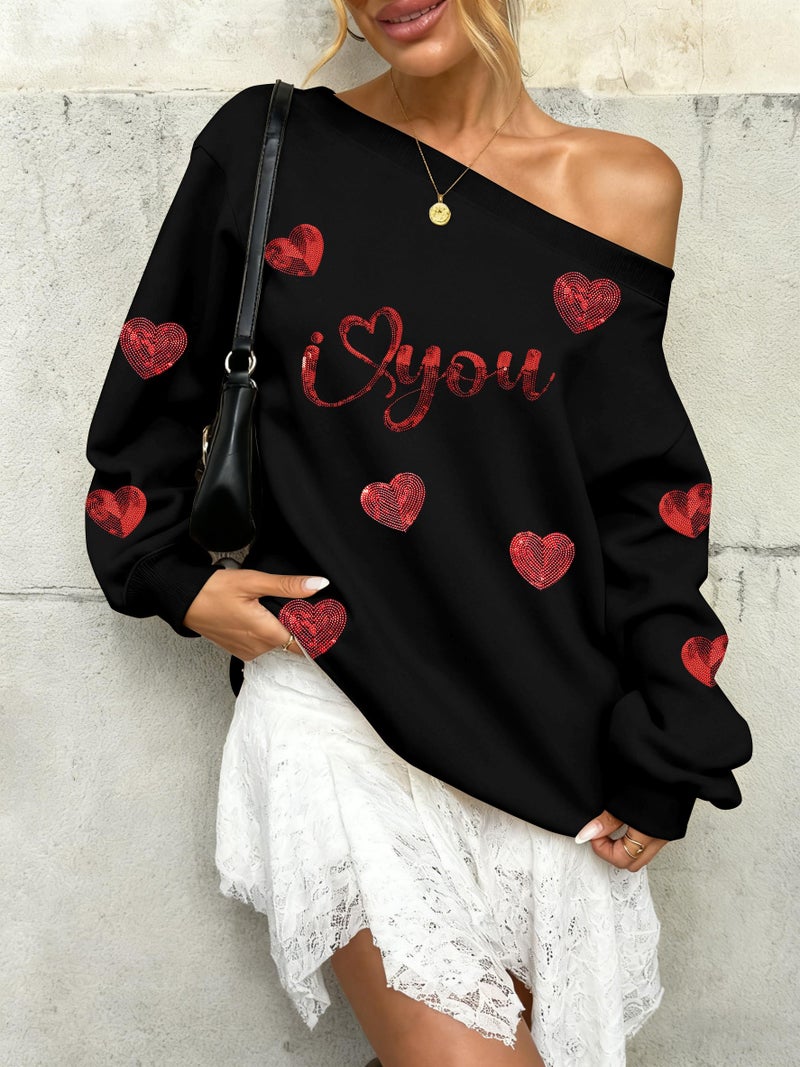 BANGELY Valentines Off Shoulder Sweatshirt Women Love Heart Long Sleeve Shirt Casual Oversized Sweatshirts Fashion Sequin Top Black - Image 2