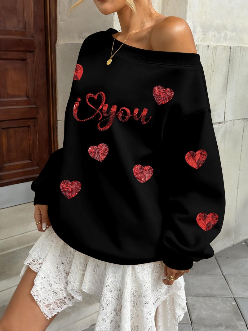 BANGELY Valentines Off Shoulder Sweatshirt Women Love Heart Long Sleeve Shirt Casual Oversized Sweatshirts Fashion Sequin Top Black - Image 5