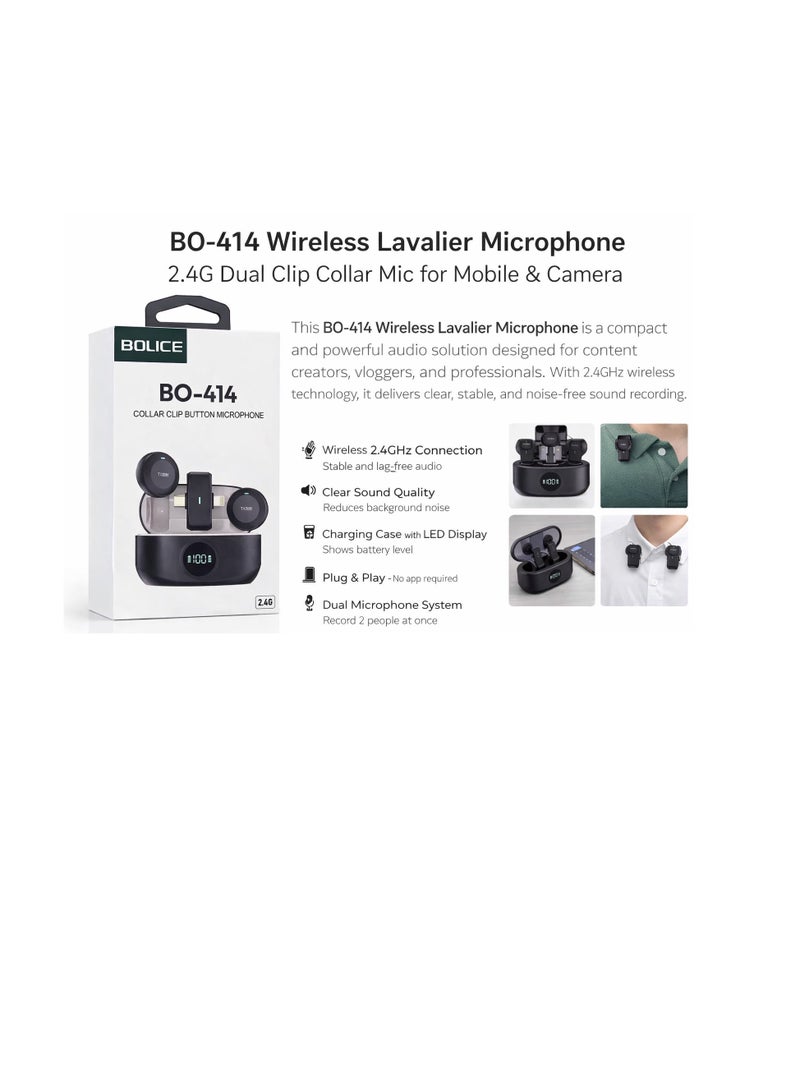 Bolice BO-414 Wireless Collar Clip Button Microphone — 2.4G Dual Transmitter with Charging Case, Lightning Receiver - Image 2