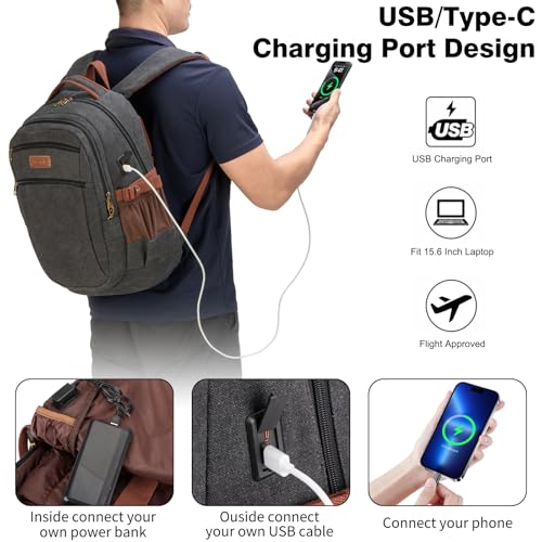 Tzowla Vintage Canvas Laptop Backpack for Men and Women,College Travel Work Rucksack with USB/Type-C Charging Port,Lightweight Bookbag Hiking Casual Daypack Backpacks Fit 15.6 Inch Notebook(Black) - Image 3