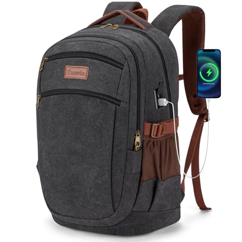 Tzowla Vintage Canvas Laptop Backpack for Men and Women,College Travel Work Rucksack with USB/Type-C Charging Port,Lightweight Bookbag Hiking Casual Daypack Backpacks Fit 15.6 Inch Notebook(Black) - Image 1