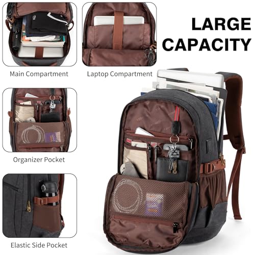 Tzowla Vintage Canvas Laptop Backpack for Men and Women,College Travel Work Rucksack with USB/Type-C Charging Port,Lightweight Bookbag Hiking Casual Daypack Backpacks Fit 15.6 Inch Notebook(Black) - Image 2
