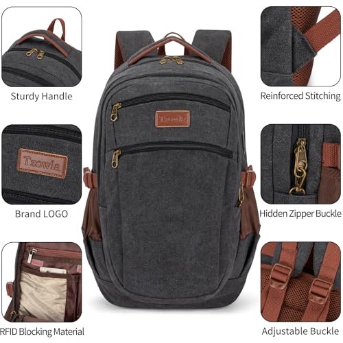 Tzowla Vintage Canvas Laptop Backpack for Men and Women,College Travel Work Rucksack with USB/Type-C Charging Port,Lightweight Bookbag Hiking Casual Daypack Backpacks Fit 15.6 Inch Notebook(Black) - Image 4