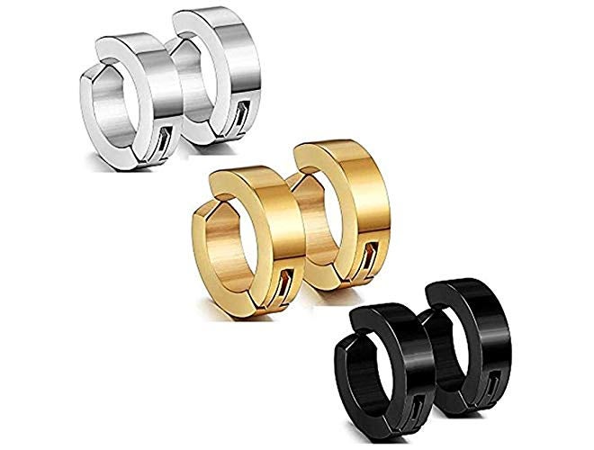 Jewellery Black, Gold and Silver Metal Non-Piercing Stud Earrings for Men-Set of 6 Pieces