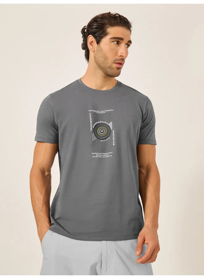 فورت كولينز Fort Collins Men Grey Graphic Print Crew Neck T-Shirt