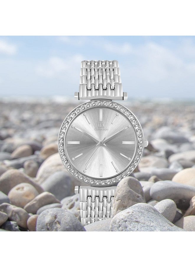 اي اي كيه كوليكشن مجموعة IIK ساعات نسائية بمينا دائري مرصع بالألماس ساعات نسائية بحركة كوارتز تناظرية ساعة نسائية من الفولاذ المقاوم للصدأ بسلسلة قابلة للتعديل ومشبك قفل مزدوج ساعات أمان للفتيات. - Image 2
