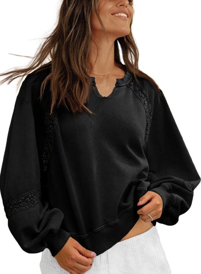 Fisoew Womens Casual Sweatshirt Oversized Lantern Long Sleeve V Neck Lace Loose Fit Fall Pullover Tops, Black, XL - Image 1