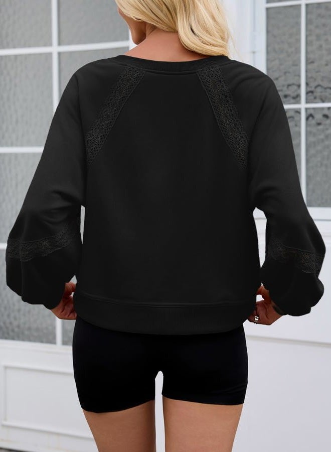 Fisoew Womens Casual Sweatshirt Oversized Lantern Long Sleeve V Neck Lace Loose Fit Fall Pullover Tops, Black, XL - Image 4