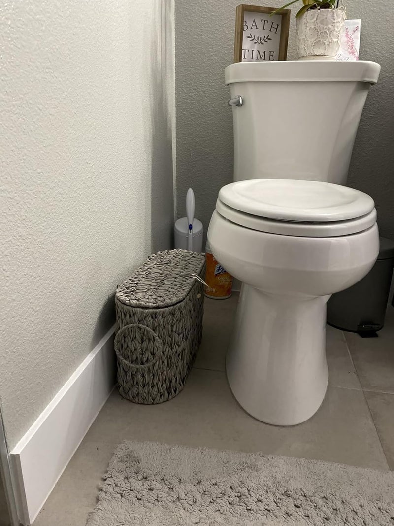 Coeusy Toilet Paper Storage Basket with Lid,Wicker Toilet Paper Holder Stand,Narrow Decorative Woven Bathroom Basket Organizer,Free Standing Grey - Image 2