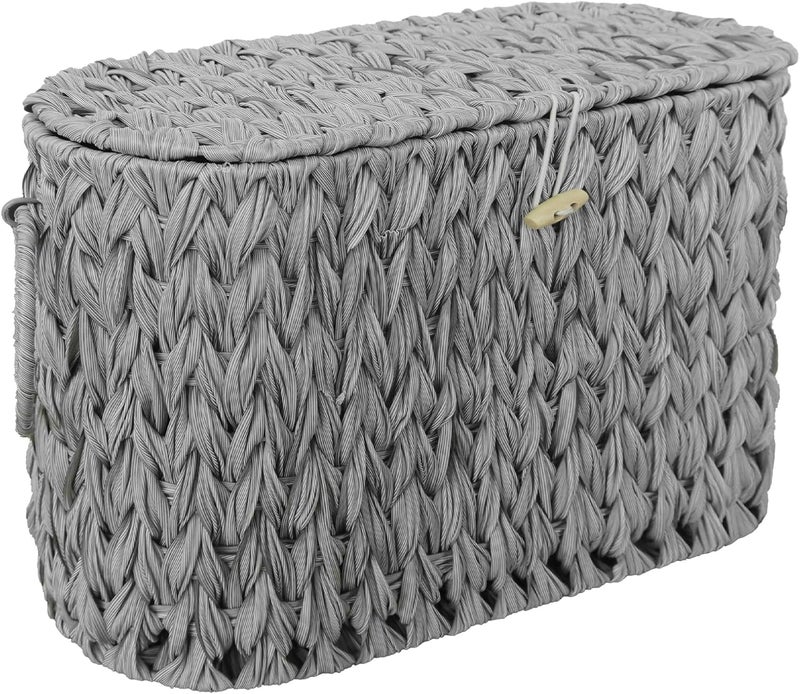 Coeusy Toilet Paper Storage Basket with Lid,Wicker Toilet Paper Holder Stand,Narrow Decorative Woven Bathroom Basket Organizer,Free Standing Grey - Image 1