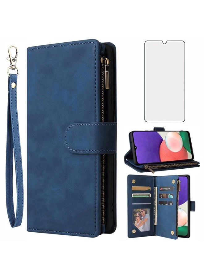 Asuwish Compatible with Samsung Galaxy A22 5G Wallet Case Tempered Glass Screen Protector and Leather Flip Cover Card Holder Stand Cell Phone Cases for Glaxay A22S A 22 Gaxaly 22A S22 Women Men Blue - Image 1