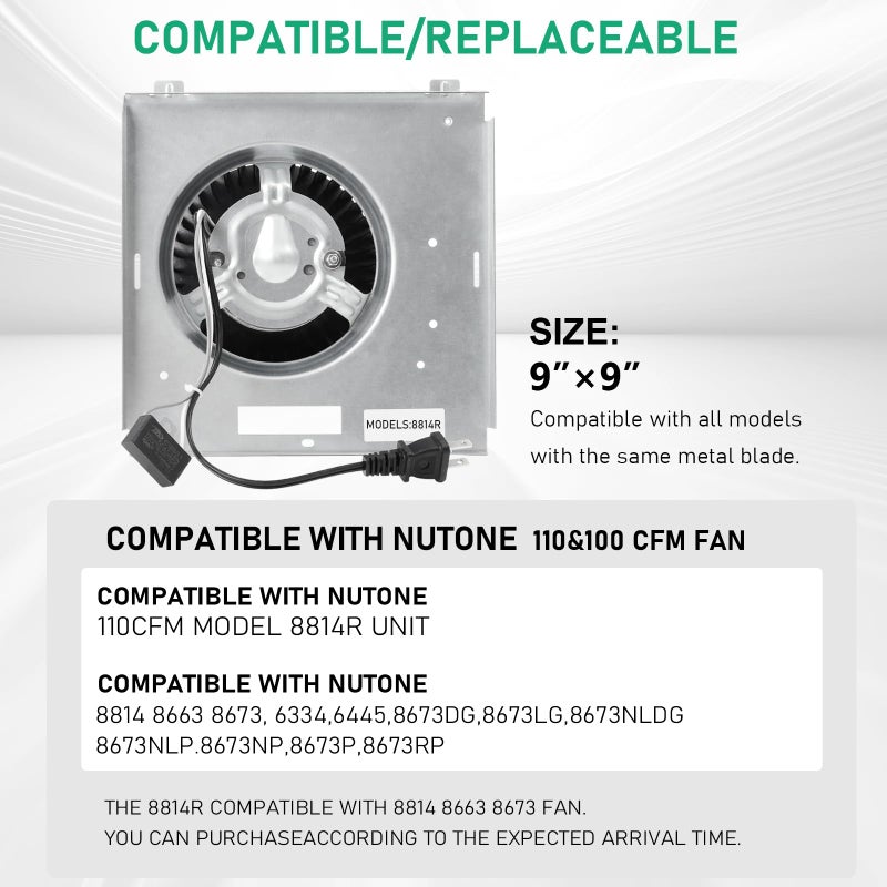 Motoasis ?Upgrade? Model 8814R  Compatible With Nutone 8814 8663 8673 Unit 110Cfm Fan 3.5 Sones  Compatible With Nutone 6334  6445  8673Dg  8673Lg  8673Nldg  8673Nlp  8673Np  8673P  8673Rp  9""X9"" - Image 2