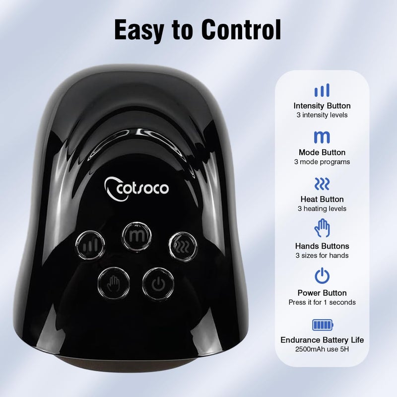 cotsoco مدلك يد كهربائي، مدلك يد لاسلكي مع الضغط والتدفئة، أفضل هدية للعائلة والأصدقاء، أسود - Image 4