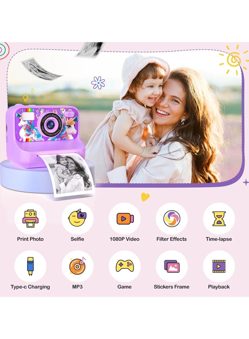 Jubilin Kids Instant Print Camera with 3 Rolls Paper, 1080P Screen, 32GB SD Card, 5 Color Pens - Purple - Image 5