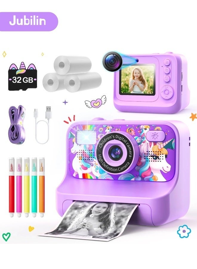 Jubilin Kids Instant Print Camera with 3 Rolls Paper, 1080P Screen, 32GB SD Card, 5 Color Pens - Purple - Image 1