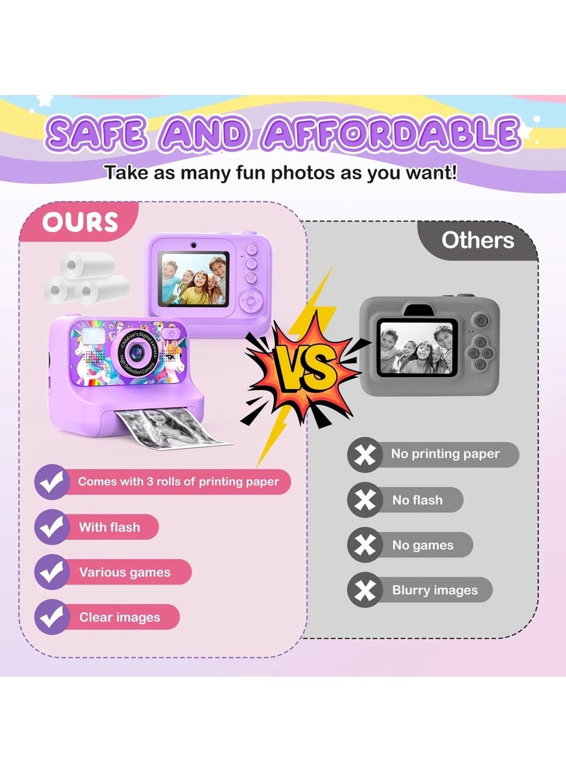 Jubilin Kids Instant Print Camera with 3 Rolls Paper, 1080P Screen, 32GB SD Card, 5 Color Pens - Purple - Image 2