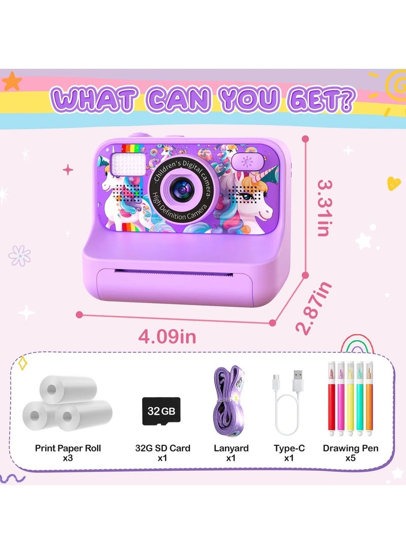 Jubilin Kids Instant Print Camera with 3 Rolls Paper, 1080P Screen, 32GB SD Card, 5 Color Pens - Purple - Image 3
