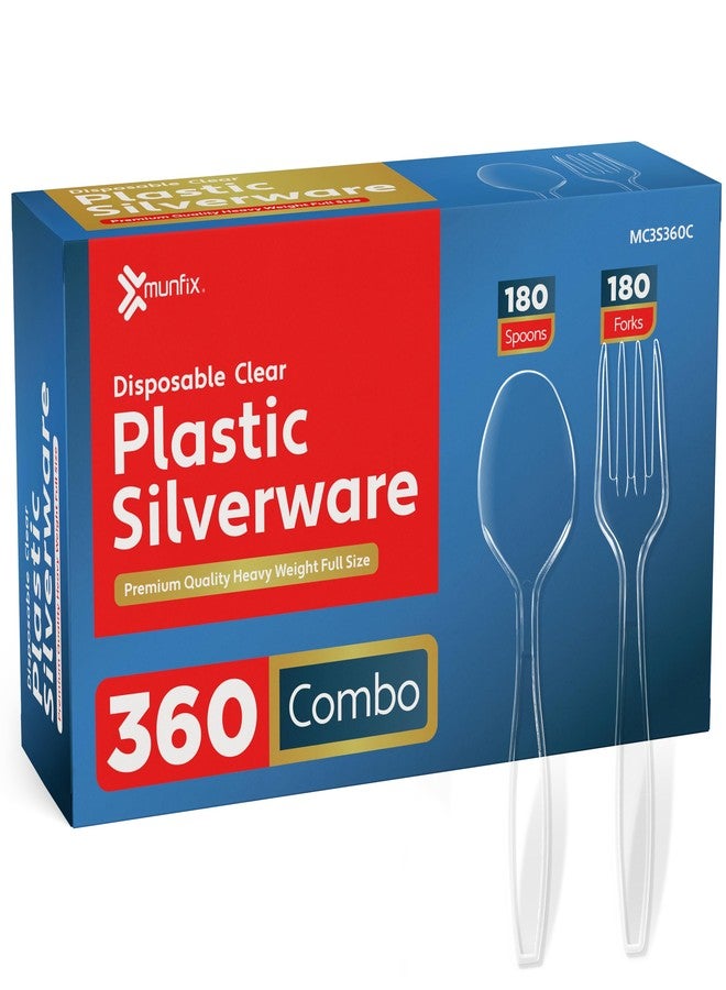 Munfix 360 Count Extra Heavy Duty Clear Plastic Silverware, 180 Forks, 180 Spoons, BPA Free Disposable Cutlery Set, Premium Bulk Utensils Plasticware for Party Supplies - Image 1