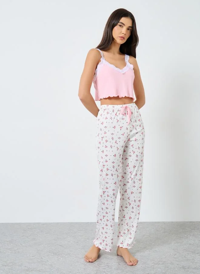 تايك تو Take Two Pack of 3 - Lace Insert Crop Cami, Printed Shorts and Pyjama