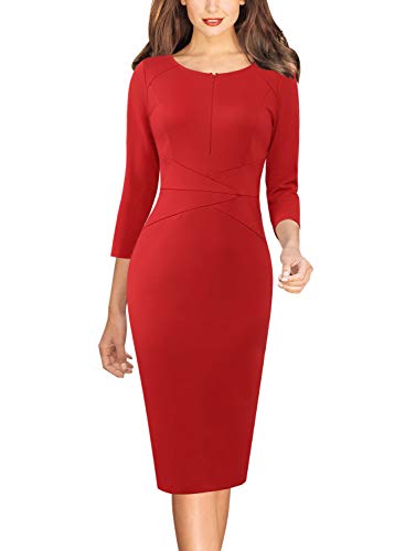VFSHOW Womens Red Spring Fall Elegant Slim Zipper Up Work Business Office Party Bodycon Pencil Sheath Dress 3601 RED M - Image 2