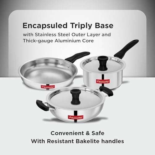 Butterfly Classic Stainless Steel Cookware 5 Pcs Set|Fry Pan 22Cm(1.4L)|Kadai 22Cm(2.2L)|Saucepan 16Cm(1.6L) with Steel Lids|Induction Base,Triply Bottom|Even,Fast Cooking with Less Oil,Silver - Image 4