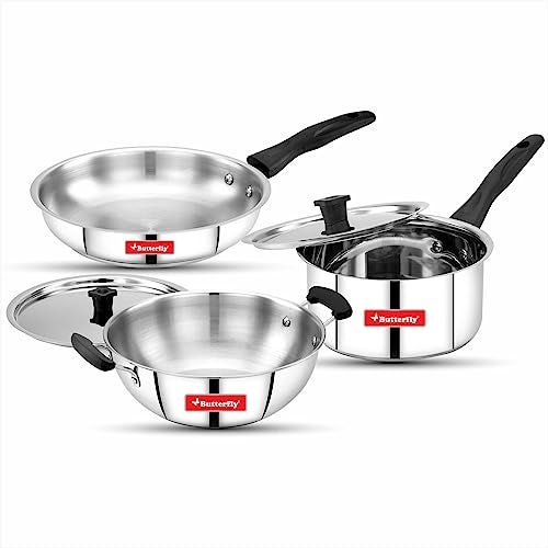 Butterfly Classic Stainless Steel Cookware 5 Pcs Set|Fry Pan 22Cm(1.4L)|Kadai 22Cm(2.2L)|Saucepan 16Cm(1.6L) with Steel Lids|Induction Base,Triply Bottom|Even,Fast Cooking with Less Oil,Silver - Image 1