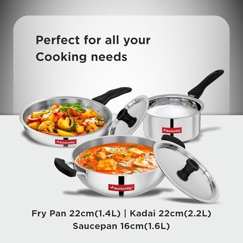 Butterfly Classic Stainless Steel Cookware 5 Pcs Set|Fry Pan 22Cm(1.4L)|Kadai 22Cm(2.2L)|Saucepan 16Cm(1.6L) with Steel Lids|Induction Base,Triply Bottom|Even,Fast Cooking with Less Oil,Silver - Image 2