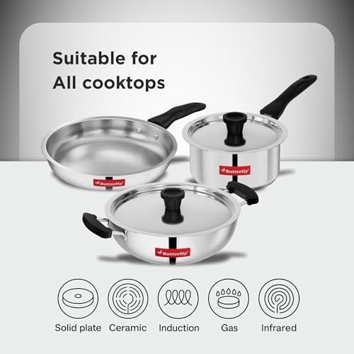 Butterfly Classic Stainless Steel Cookware 5 Pcs Set|Fry Pan 22Cm(1.4L)|Kadai 22Cm(2.2L)|Saucepan 16Cm(1.6L) with Steel Lids|Induction Base,Triply Bottom|Even,Fast Cooking with Less Oil,Silver - Image 3
