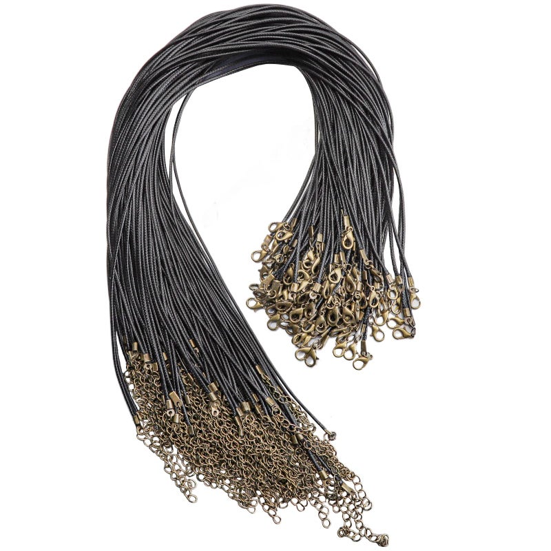 100 Pcs 18 15mm Black Waxed Cord Necklace String Bracelet Faux Leather Chain Clasp Bulk for Jewelry Making Supplies Accessories
