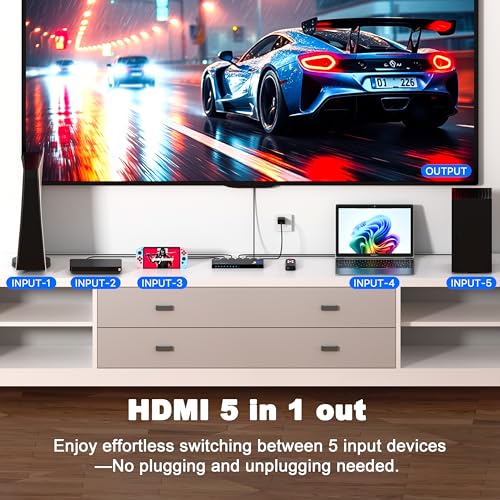JCHICI 4K HDMI Switch 5x1 with Remote - 4K@60Hz HDR HDCP 2.2 - Auto-Switcher Splitter for PS5/PS4/Xbox/Switch/PC - Image 3