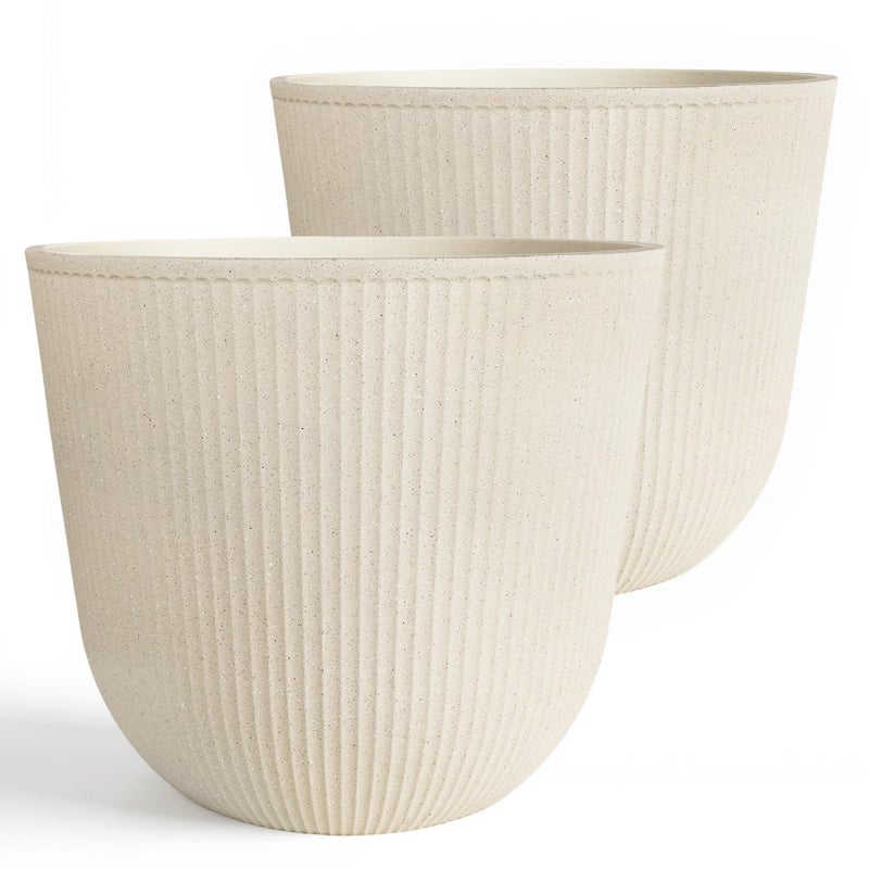 WORTH Garden Round Large Planter Pot Set of 2-17.5" Dia x 15.5" H - Durable Plastic Beige Plant Tree Pots with Vertical Stripe Textured Finish, Drainage Hole for Indoor, Outdoor, Front Porch, Patio - Image 1