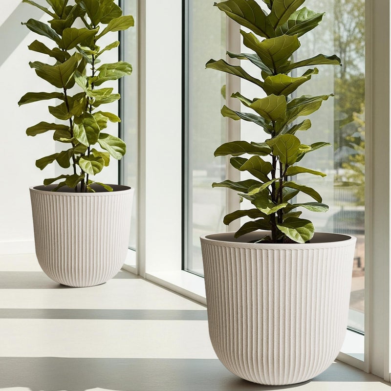 WORTH Garden Round Large Planter Pot Set of 2-17.5" Dia x 15.5" H - Durable Plastic Beige Plant Tree Pots with Vertical Stripe Textured Finish, Drainage Hole for Indoor, Outdoor, Front Porch, Patio - Image 2
