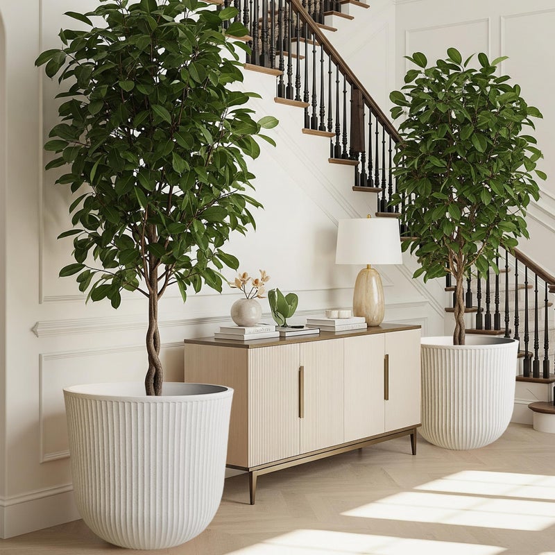 WORTH Garden Round Large Planter Pot Set of 2-17.5" Dia x 15.5" H - Durable Plastic Beige Plant Tree Pots with Vertical Stripe Textured Finish, Drainage Hole for Indoor, Outdoor, Front Porch, Patio - Image 4
