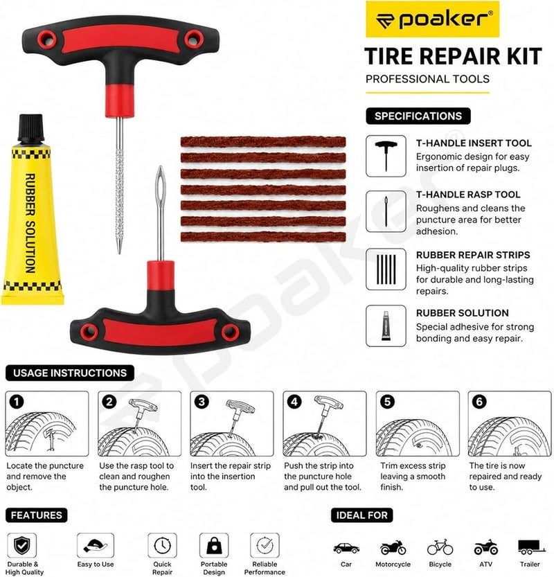 Poaker Tire Repair Kit for Tubeless Tires – Portable Puncture Repair Tool Set with Rasp Tool, Inserting Needle, Rubber Solution & 5 Repair Strings for Car & Bike - Image 2