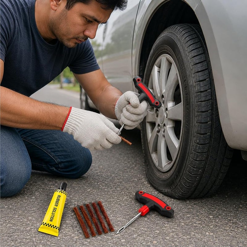Poaker Tire Repair Kit for Tubeless Tires – Portable Puncture Repair Tool Set with Rasp Tool, Inserting Needle, Rubber Solution & 5 Repair Strings for Car & Bike - Image 4