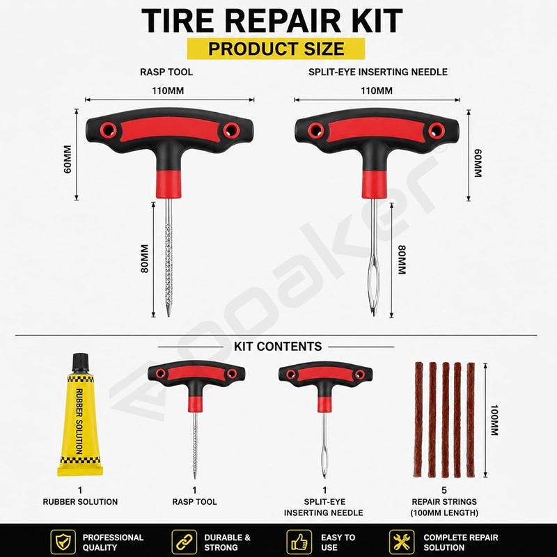 Poaker Tire Repair Kit for Tubeless Tires – Portable Puncture Repair Tool Set with Rasp Tool, Inserting Needle, Rubber Solution & 5 Repair Strings for Car & Bike - Image 1