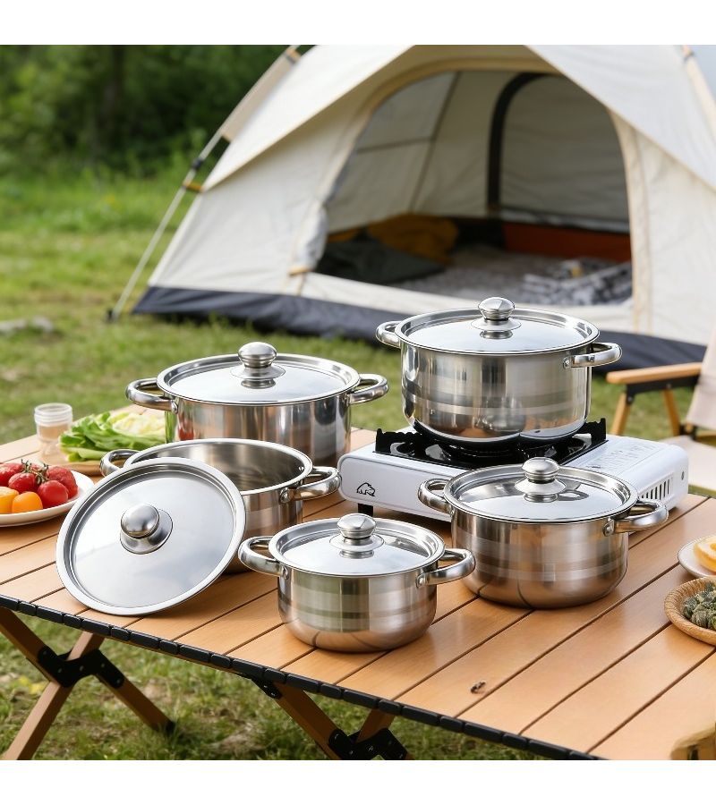 Silver Stainless Steel 11.42 Inch Five Piece Cookware Set With Lidded Pots For Gas Stove Dual Heat Resistant Handles Sealed Lids - Image 1