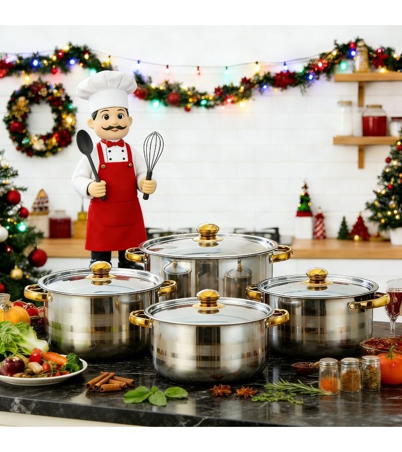Silver Stainless Steel 11.42 Inch Five Piece Cookware Set With Lidded Pots For Gas Stove Dual Heat Resistant Handles Sealed Lids - Image 3