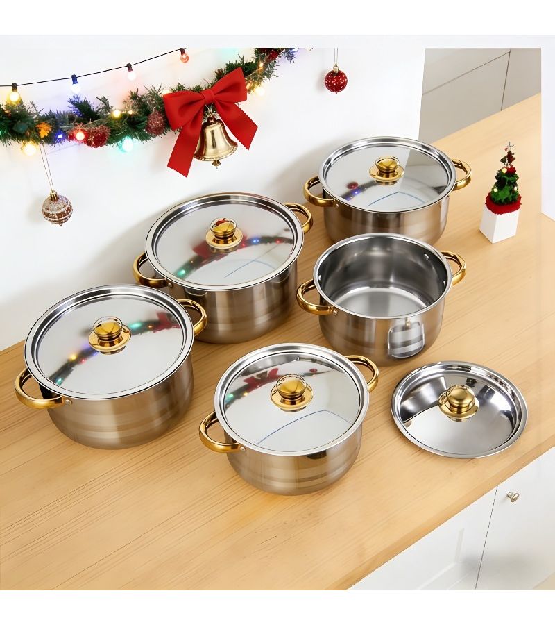 Silver Stainless Steel 11.42 Inch Five Piece Cookware Set With Lidded Pots For Gas Stove Dual Heat Resistant Handles Sealed Lids - Image 2