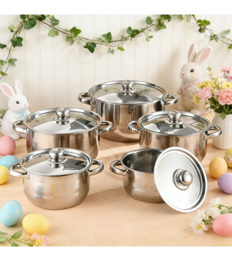 Silver Stainless Steel 11.42 Inch Five Piece Cookware Set With Lidded Pots For Gas Stove Dual Heat Resistant Handles Sealed Lids - Image 5