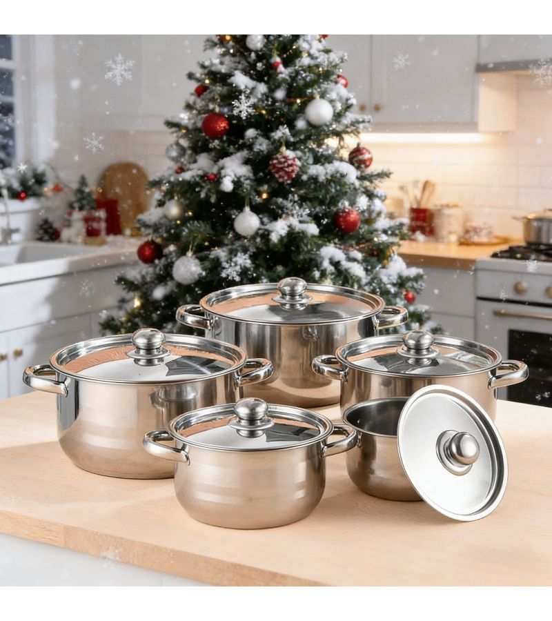 Silver Stainless Steel 11.42 Inch Five Piece Cookware Set With Lidded Pots For Gas Stove Dual Heat Resistant Handles Sealed Lids - Image 4