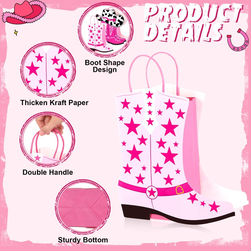 Mooliwe 16 Pcs Cowboy Cowgirl Boots Paper Bags Western Theme Birthday Party Decorations Favors Wild West Kraft Gift Bag Cowboy Cowgirl Bachelorette Rodeo Party Supplies(Hot Pink,Cow) - Image 4