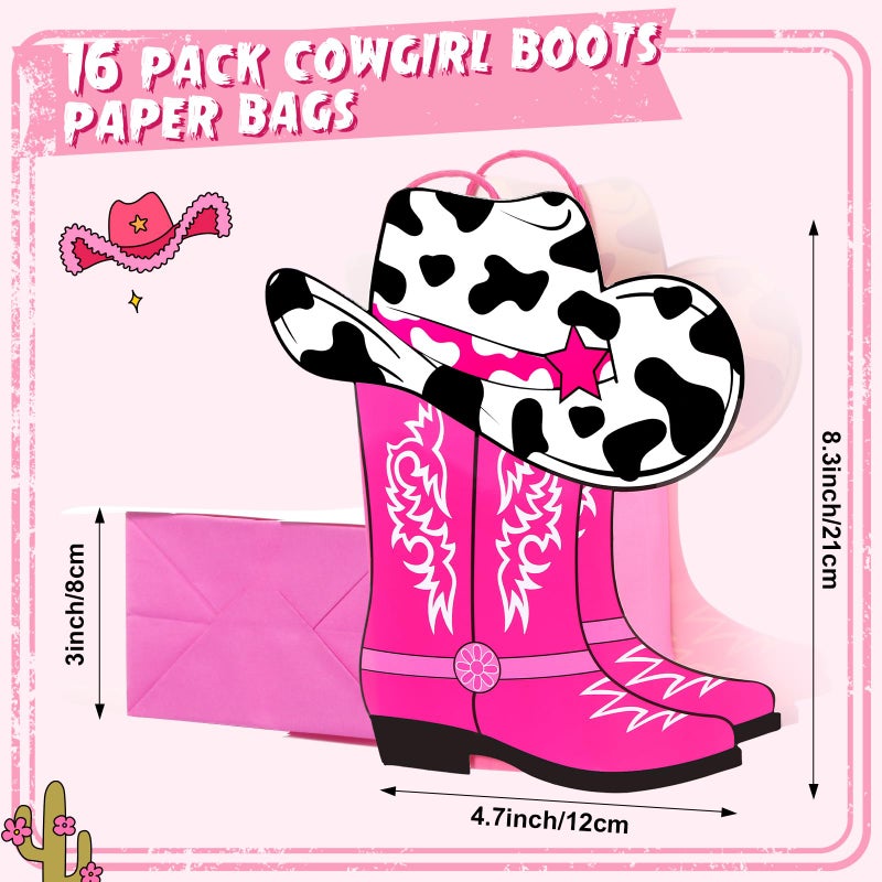 Mooliwe 16 Pcs Cowboy Cowgirl Boots Paper Bags Western Theme Birthday Party Decorations Favors Wild West Kraft Gift Bag Cowboy Cowgirl Bachelorette Rodeo Party Supplies(Hot Pink,Cow) - Image 3