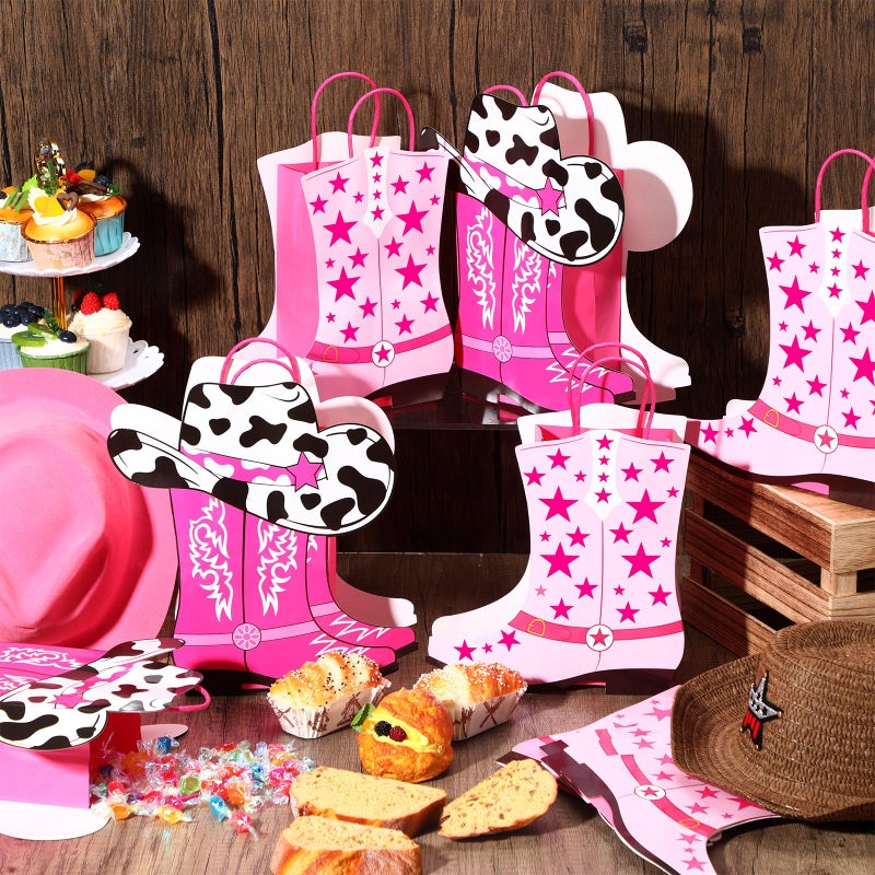 Mooliwe 16 Pcs Cowboy Cowgirl Boots Paper Bags Western Theme Birthday Party Decorations Favors Wild West Kraft Gift Bag Cowboy Cowgirl Bachelorette Rodeo Party Supplies(Hot Pink,Cow) - Image 2