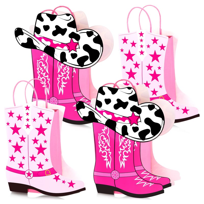 Mooliwe 16 Pcs Cowboy Cowgirl Boots Paper Bags Western Theme Birthday Party Decorations Favors Wild West Kraft Gift Bag Cowboy Cowgirl Bachelorette Rodeo Party Supplies(Hot Pink,Cow) - Image 1
