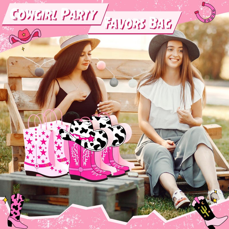 Mooliwe 16 Pcs Cowboy Cowgirl Boots Paper Bags Western Theme Birthday Party Decorations Favors Wild West Kraft Gift Bag Cowboy Cowgirl Bachelorette Rodeo Party Supplies(Hot Pink,Cow) - Image 5