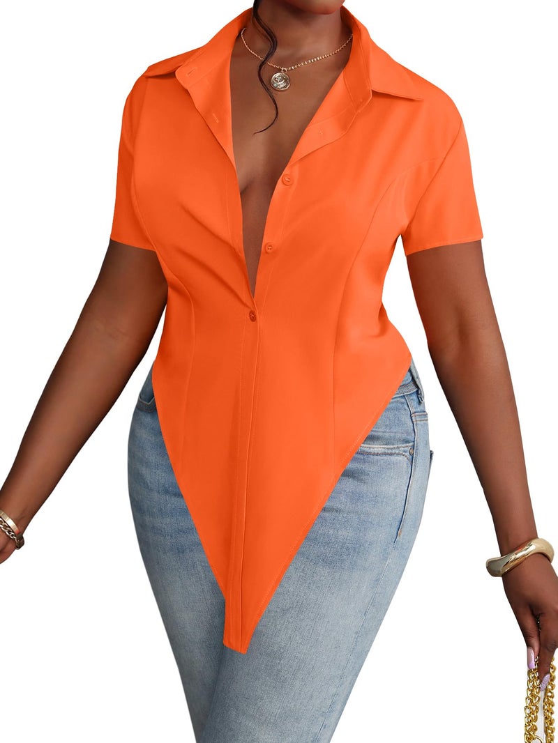 LYANER Women's Solid Collar V Neck Short Sleeve Button Front Slit Hem Long Shirt Blouse Top Orange X-Large - Image 1