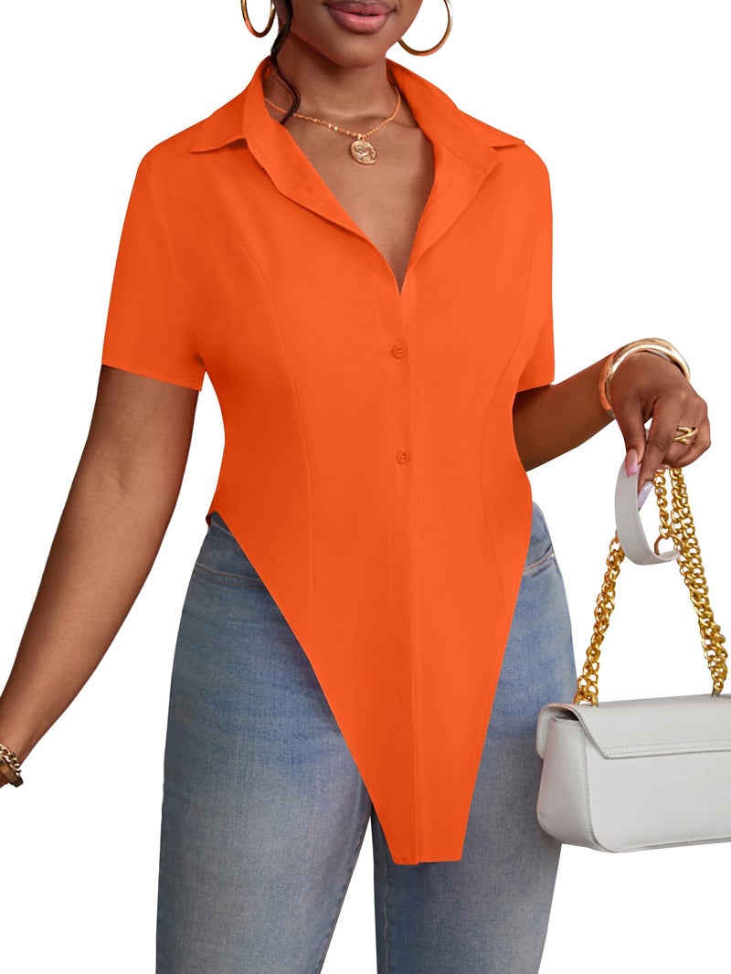 LYANER Women's Solid Collar V Neck Short Sleeve Button Front Slit Hem Long Shirt Blouse Top Orange X-Large - Image 5